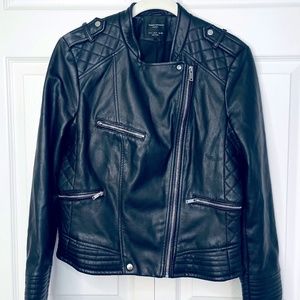 Women's Zara Trafaluc Vegan Faux Leather Black Moto Jacket Biker LARGE